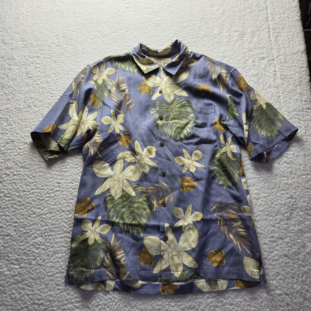 Tommy Bahama Shirt Mens Small Blue 100% Silk‎ Hawaiian Short Sleeve Camp Pocket